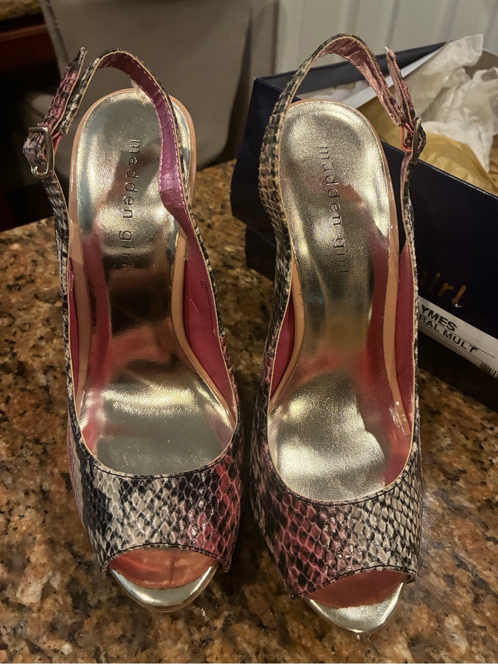Madden Girl Pink Snake-Print Peep Toe Slingbacks with Metallic Gold Insole
